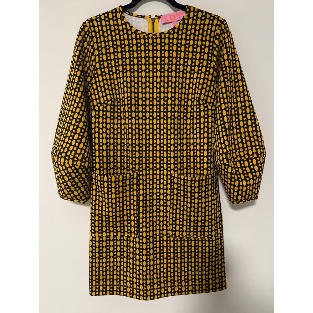 LDT Yellow Black Geometric Print Shift Dress Balloon Sleeves Size 4 Retro Mod